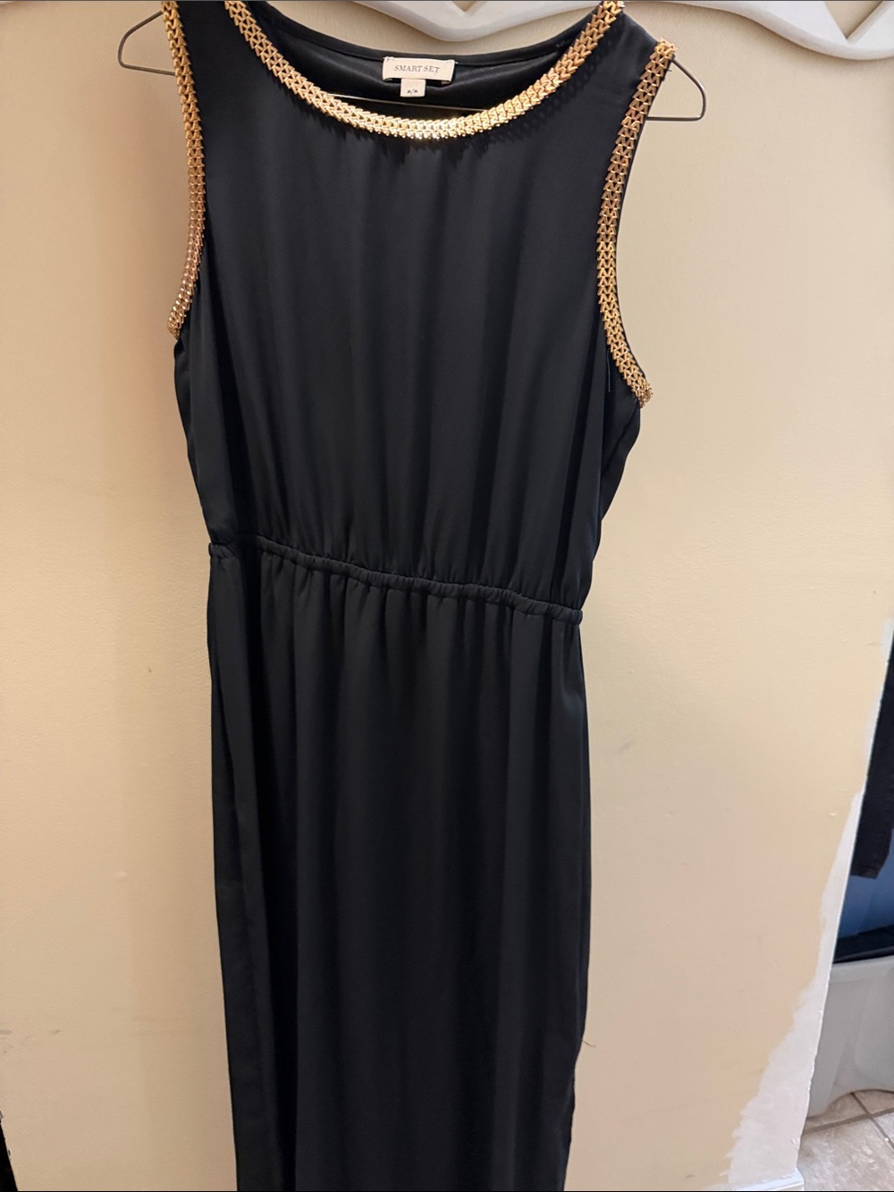 Black Sleeveless Maxi Dress with Gold Trim -